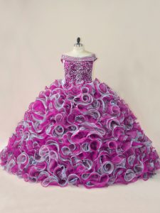 Multi-color Sweet 16 Dresses Sweet 16 and Quinceanera with Beading and Ruffles Off The Shoulder Sleeveless Brush Train Lace Up