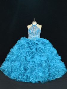 Blue Ball Gowns Organza Halter Top Sleeveless Beading and Ruffles Floor Length Lace Up Sweet 16 Dresses