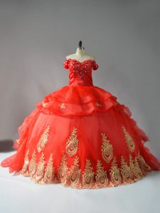 Red Vestidos de Quinceanera Off The Shoulder Sleeveless Court Train Lace Up