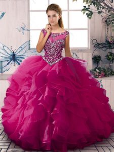 Fuchsia Scoop Zipper Beading and Ruffles Ball Gown Prom Dress Sleeveless