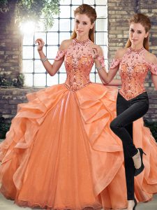 Decent Floor Length Two Pieces Sleeveless Orange Quinceanera Gown Lace Up