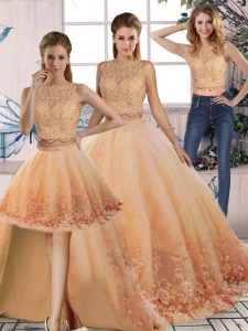 Sleeveless Lace Backless Quinceanera Dresses with Peach Sweep Train