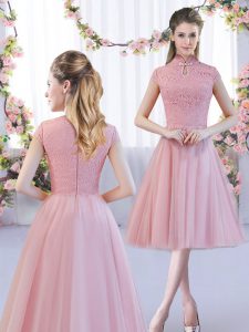 Pink Tulle Zipper Quinceanera Dama Dress Cap Sleeves Tea Length Lace