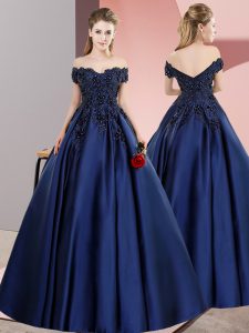 Designer Satin Off The Shoulder Sleeveless Zipper Lace Ball Gown Prom Dress in Navy Blue