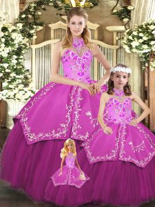 Fuchsia Ball Gowns Embroidery Sweet 16 Quinceanera Dress Lace Up Satin and Tulle Sleeveless Floor Length
