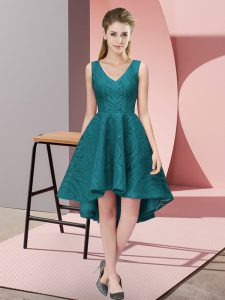 Free and Easy High Low Zipper Quinceanera Court Dresses Teal for Wedding Party with Lace