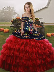 Beauteous Red And Black Sweet 16 Dresses Military Ball and Sweet 16 and Quinceanera with Embroidery and Ruffled Layers Off The Shoulder Sleeveless Lace Up