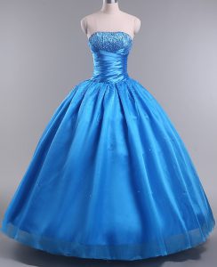 Blue Lace Up Quinceanera Gown Beading Sleeveless Floor Length