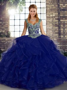 Glorious Purple Ball Gowns Straps Sleeveless Tulle Floor Length Lace Up Beading and Ruffles 15 Quinceanera Dress