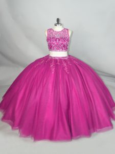 Sweet Scoop Sleeveless Ball Gown Prom Dress Floor Length Beading Fuchsia Tulle