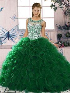Lovely Sleeveless Floor Length Beading and Ruffles Lace Up Quinceanera Dresses with Dark Green