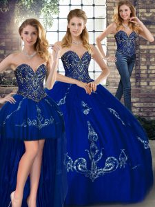 Wonderful Three Pieces Quinceanera Gowns Royal Blue Sweetheart Tulle Sleeveless Floor Length Lace Up