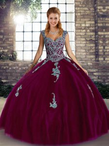 Dazzling Fuchsia Tulle Lace Up Straps Sleeveless Floor Length Quinceanera Dresses Beading and Appliques