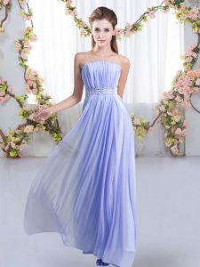 Sweep Train Empire Dama Dress for Quinceanera Lavender Strapless Chiffon Sleeveless Lace Up
