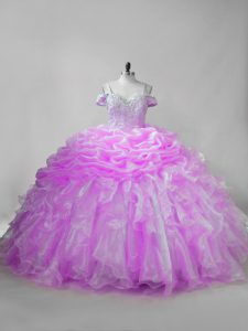 Sleeveless Organza Brush Train Lace Up Quinceanera Gown in Lilac with Beading and Ruffles and Pick Ups