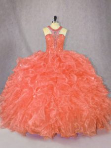 Floor Length Orange Quinceanera Gown Organza Sleeveless Beading and Ruffles