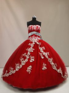 Designer Red Strapless Neckline Appliques Sweet 16 Quinceanera Dress Sleeveless Lace Up
