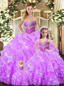 Sleeveless Organza Floor Length Lace Up Quinceanera Gown in Lilac with Beading and Ruffles