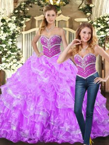 Lilac Ball Gowns Beading and Ruffles Quinceanera Dresses Lace Up Organza Sleeveless Floor Length