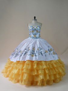 Spectacular Yellow And White Sleeveless Floor Length Embroidery and Ruffled Layers Lace Up Vestidos de Quinceanera