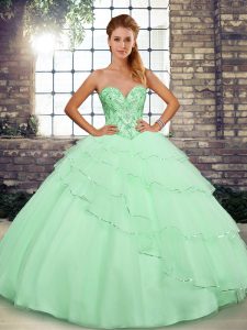Sweet Lace Up Sweet 16 Quinceanera Dress Apple Green for Sweet 16 and Quinceanera with Beading and Ruffled Layers Brush Train