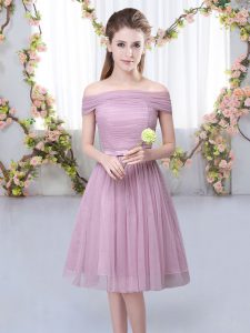 Noble Pink Empire Belt Dama Dress for Quinceanera Lace Up Tulle Short Sleeves Knee Length