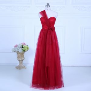 Empire Quinceanera Dama Dress Wine Red One Shoulder Tulle Sleeveless Floor Length Zipper