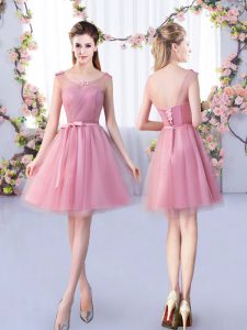Custom Design Pink Tulle Lace Up Scoop Sleeveless Mini Length Quinceanera Dama Dress Appliques and Belt