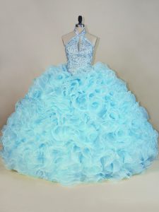 Popular Aqua Blue Ball Gowns Fabric With Rolling Flowers Halter Top Sleeveless Beading and Ruffles Lace Up Quinceanera Gown Brush Train