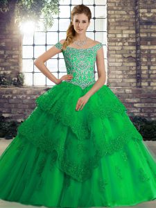 Green Tulle Lace Up Off The Shoulder Sleeveless Ball Gown Prom Dress Brush Train Beading and Lace