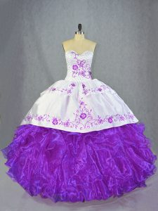 Excellent Sleeveless Beading and Ruffles Lace Up Quinceanera Gown with Purple Brush Train