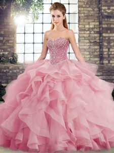 Pink Ball Gowns Beading and Ruffles Quinceanera Gown Lace Up Tulle Sleeveless