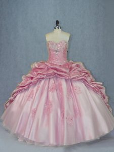 Modest Sleeveless Tulle Brush Train Lace Up Quinceanera Gowns in Pink with Beading and Appliques and Pick Ups