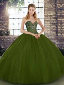 Most Popular Sleeveless Floor Length Beading Lace Up Quinceanera Dresses with Olive Green