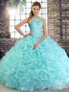 Flirting Aqua Blue Ball Gowns Fabric With Rolling Flowers Scoop Sleeveless Beading Floor Length Lace Up Vestidos de Quinceanera