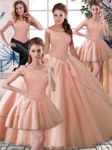 Traditional Lace Up Vestidos de Quinceanera Peach for Military Ball and Sweet 16 and Quinceanera with Beading Brush Train