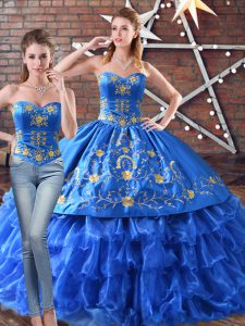 Floor Length Lace Up Sweet 16 Dress Blue for Sweet 16 and Quinceanera with Embroidery