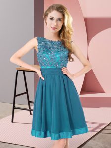 Teal Backless Scoop Beading and Appliques Dama Dress for Quinceanera Chiffon Sleeveless
