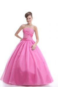 Fancy Strapless Sleeveless Lace Up Sweet 16 Quinceanera Dress Rose Pink Organza