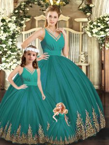 Turquoise Backless Sweet 16 Quinceanera Dress Embroidery Sleeveless Floor Length
