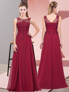 Free and Easy Sleeveless Floor Length Beading and Appliques Zipper Quinceanera Dama Dress with Burgundy