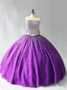 Perfect Floor Length Lace Up Quinceanera Gowns Purple for Sweet 16 and Quinceanera with Beading