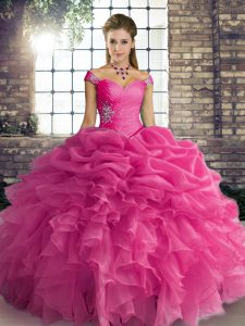 Custom Fit Hot Pink Lace Up Off The Shoulder Beading and Ruffles and Pick Ups 15 Quinceanera Dress Organza Sleeveless