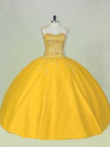 Dramatic Floor Length Gold Quince Ball Gowns Tulle Sleeveless Beading