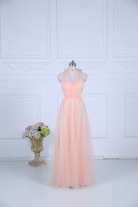 Admirable Empire Quinceanera Court Dresses Peach Halter Top Tulle Sleeveless Floor Length Zipper