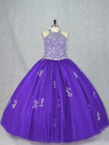 Halter Top Sleeveless Lace Up Quince Ball Gowns Purple Tulle
