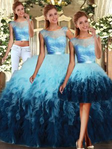 Inexpensive Tulle Sleeveless Floor Length Sweet 16 Quinceanera Dress and Lace and Ruffles