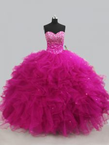 Fuchsia Sleeveless Floor Length Beading and Ruffles Lace Up Quinceanera Dress