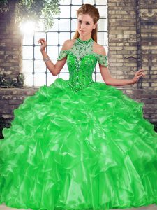 Gorgeous Green Lace Up 15th Birthday Dress Beading and Ruffles Sleeveless Floor Length