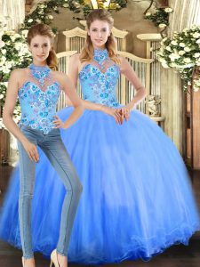 Halter Top Sleeveless 15 Quinceanera Dress Floor Length Embroidery Blue Tulle